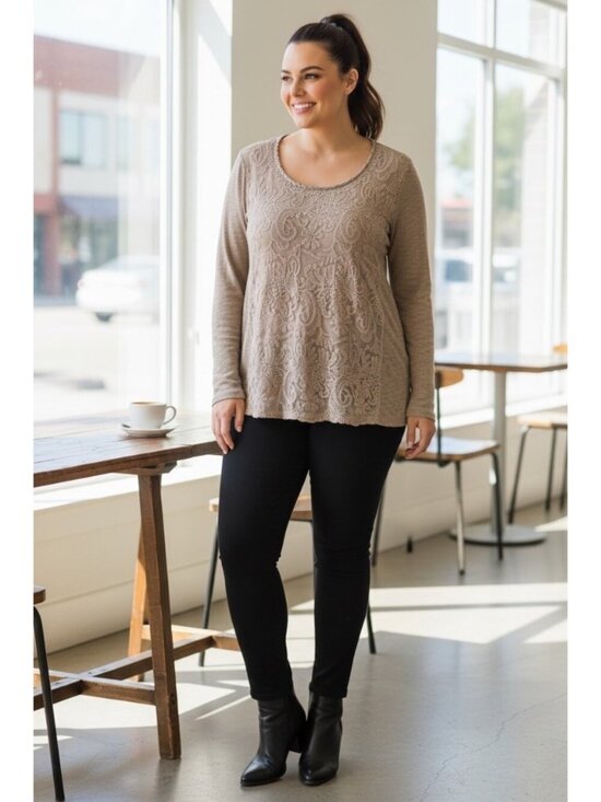 Cato Tops - Cato Women’s Brown Long Sleeve Lace Design Top